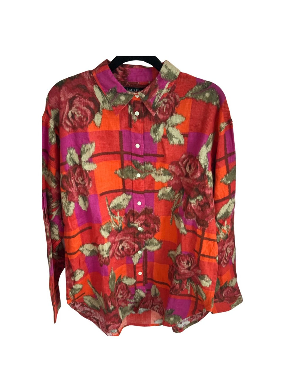 NWT Lauren Ralph Lauren 100% Linen Red Pink Rose Floral Plaid Shirt M